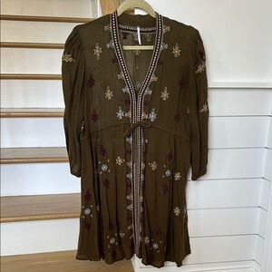 Free People Embroidered Olive Green Dress, size XS